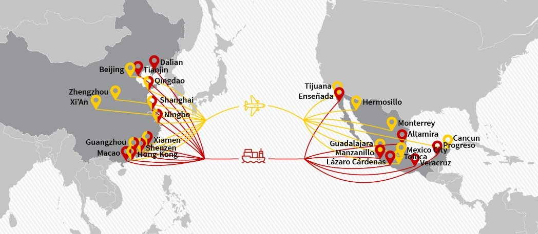 Mappa dei principali flussi di container del nearshoring, con focus sul corridoio Cina-Messico-USA (fonte basenton.com)